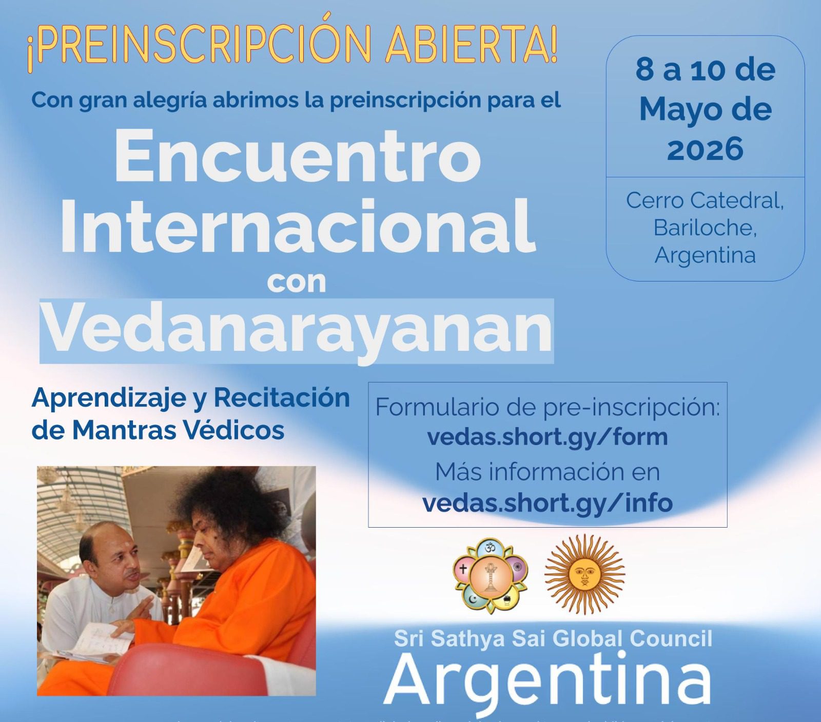 PREINSCRIPCION Y PROGRAMA DEL ENCUENTRO  INTERNACIONAL  CON VEDANARAYANAN. 8/9/10 DE MAYO 2026